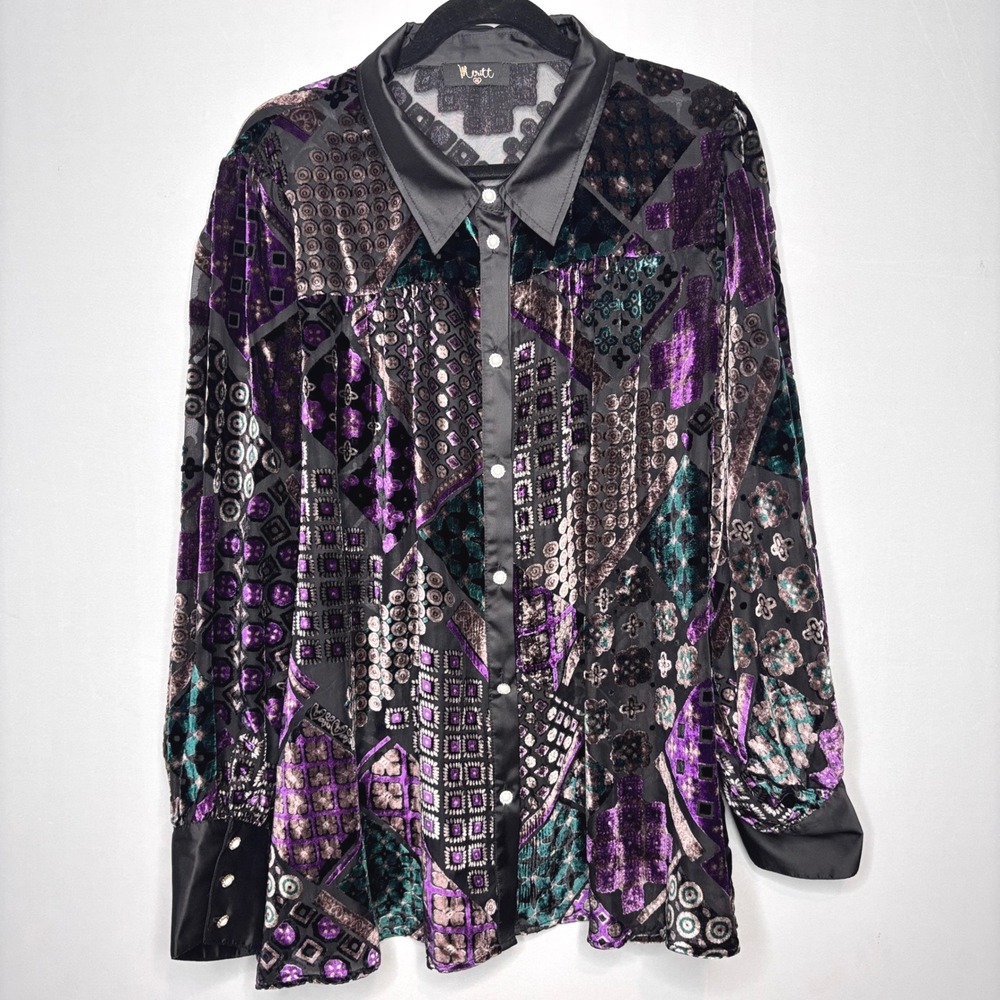 Meritt Velvet Tunic‎ Top Womens Size 1XL Burnout Sheer Patchwork Balloon Sleeve